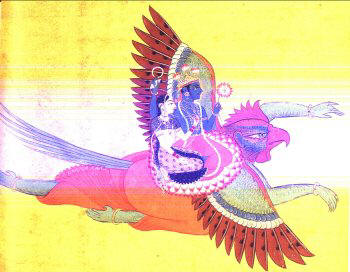Krishna rides upon the Garuda Bird